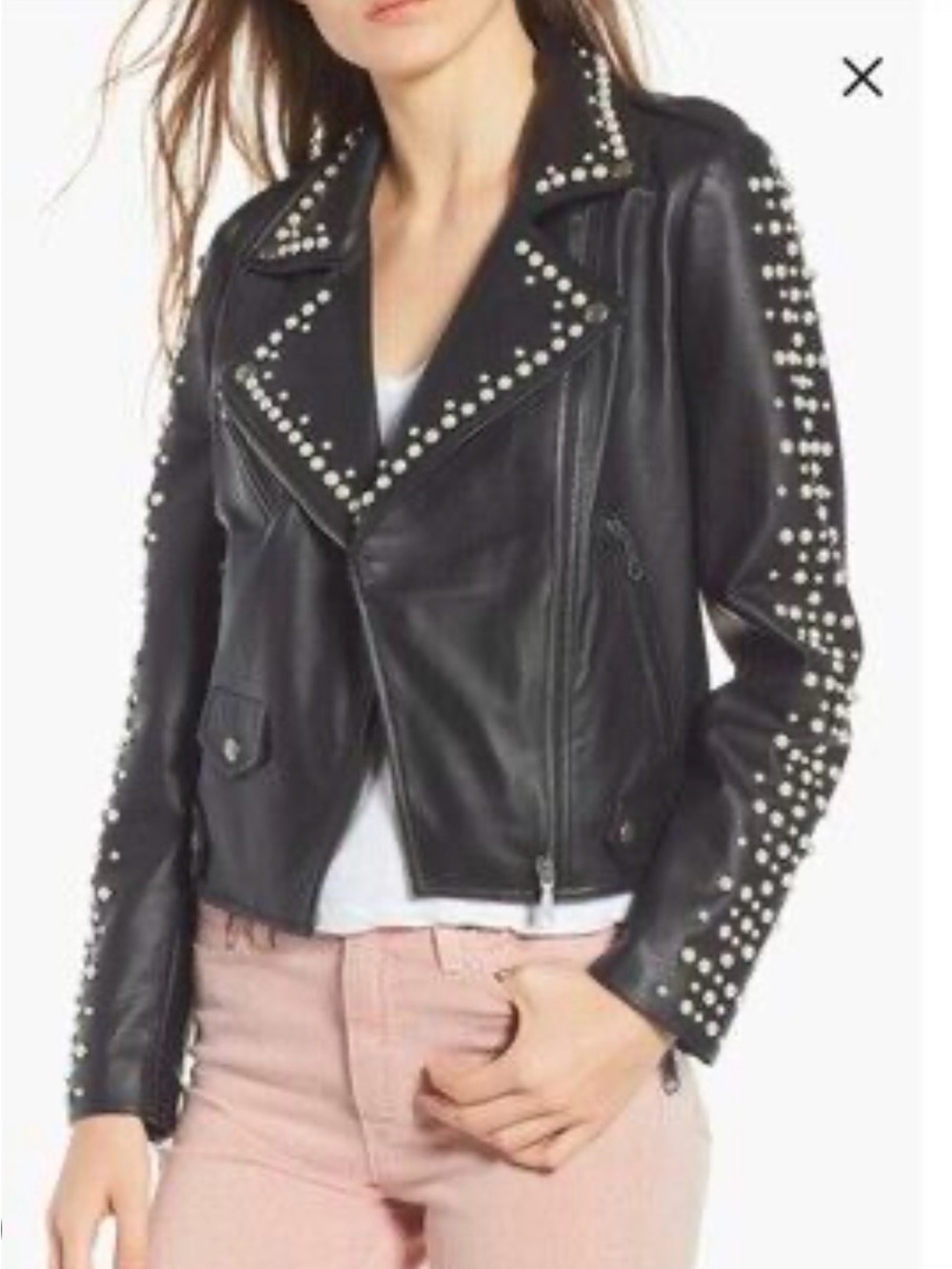 Rebecca Minkoff Black Pearl-Studded Leather Moto Jacket Size M